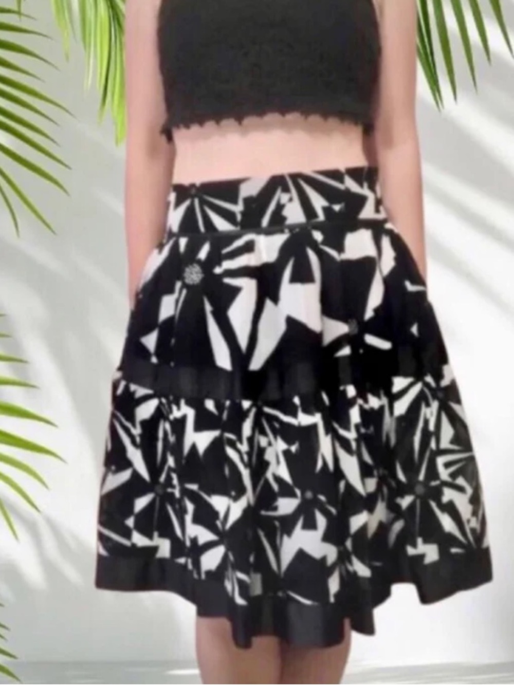 Zara Cotton Silk Black Cream Knee Length Skirt Size Medium